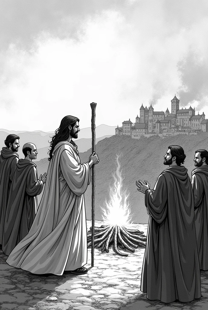 A square frame, In the foreground we see a priest in a toga, holding a stick whose upper end splits into two, accompanied by his disciples around a fire at the top of a hill. Back, in the distance, a medieval town on fire. In a very old medieval engraving style and white