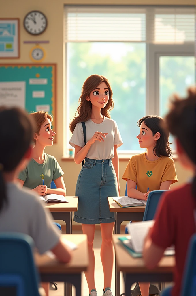 Generate an image that students are sitting in the classroom and teaching is in the class