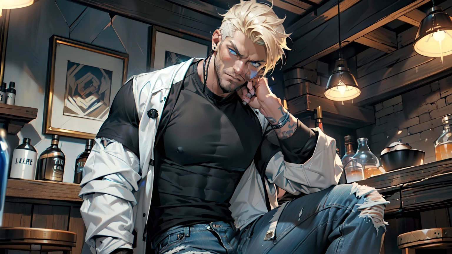 ((Man 2, tall and muscular, 1,80 m, 87 kg, with short blond hair and piercing blue eyes)), (((wearing a black t-shirt with a white jacket and jeans))), (((serious look that inspires confidence))), (((sitting inside a tavern))),