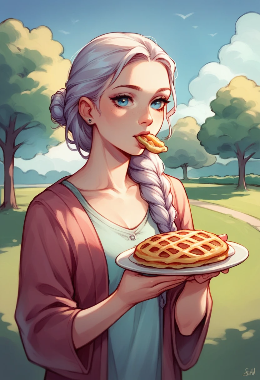 Skylina Bloom, now , eating a waffle in a park, dressed in modern spring attire. She has a slightly athletic build, long hair tied in a braided ponytail, silver-white slightly curly hair, and turquoise blue eyes. The image is in a realistic style with watercolor and black pencil sketch, capturing her enjoying the waffle in a park setting. Skylina's outfit is a modern spring ensemble, fitting for a casual day out, and the focus is on her content expression as she savors the waffle in the tranquil park environment.
