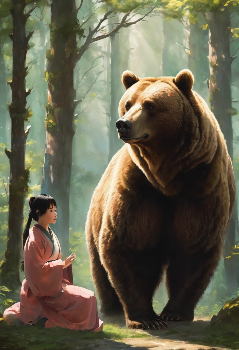 (Huge brown bear and young woman)、(The woman is a shrine maiden who is in charge of the peace of the forest.)、(Brown bear is ferocious, but he is her servant.)、(Brown bear and her are always together)、 Mysterious and mysterious forest、An inhospitable forest、Like forest trees and plants々Spirits gather、Imagine you are sitting in a deep forest., Create a magical moment that pays tribute to She-Bear's character, Very detailed, Beautiful Landscape、(Highest quality, masterpiece, High resolution)、4K Anime Art、