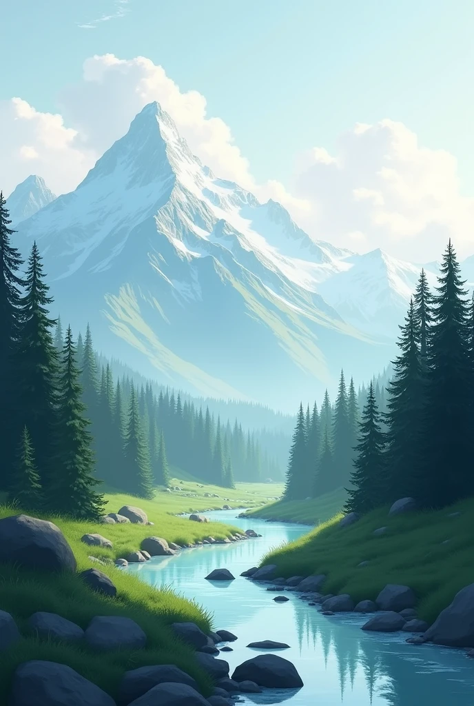Landscape with mountains, stream, pine trees and clouds