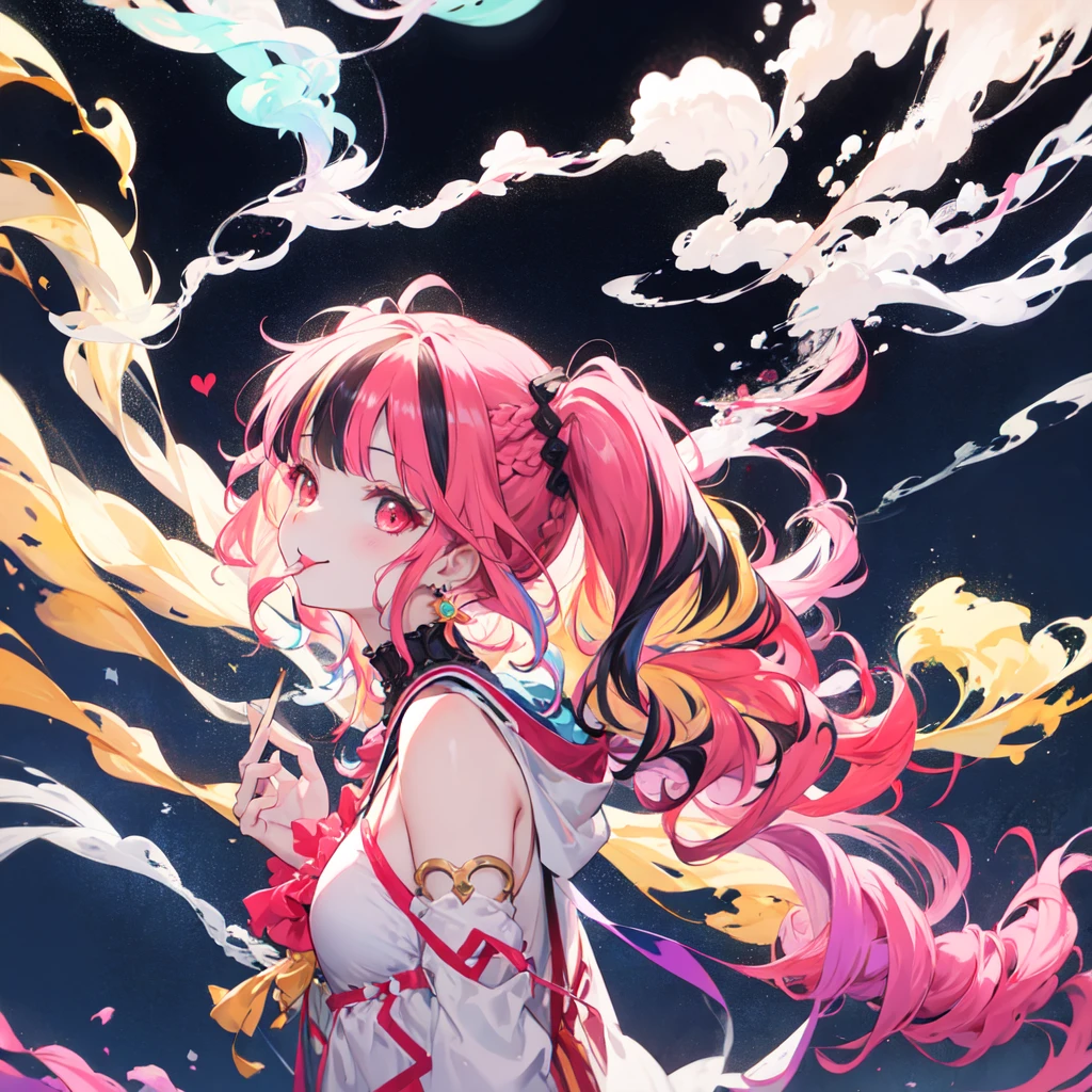 From the side,alone,(Afro:1.2),ponytail,Drill Hair,Both sides up,Dreadlocks,Hime cut,Twin tails,Braiding,(Hair Bun:0.7),(wavy multicolor hair:1.2),(You can smoke anywhere:1.4),smile,tongue,Earrings