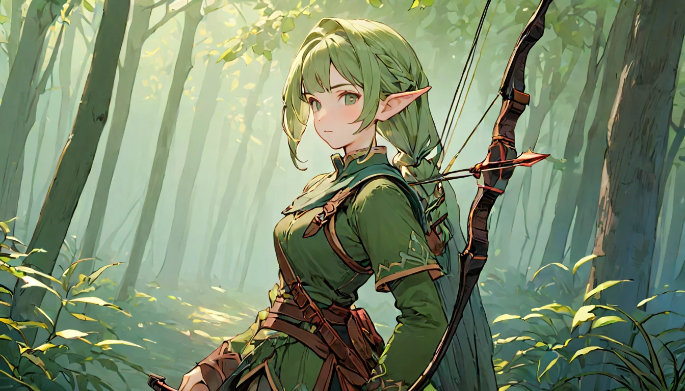 female adventurer, full body, Game Art Style, (masterpiece), highest quality, High resolution, 4k, 8K, Detail view, intricate details, cinematic lighting, amazing quality, 1 girl, Archer、elf ears、ash green hair, great shading, soft lighting, Face-to-face camera, perfect eyes