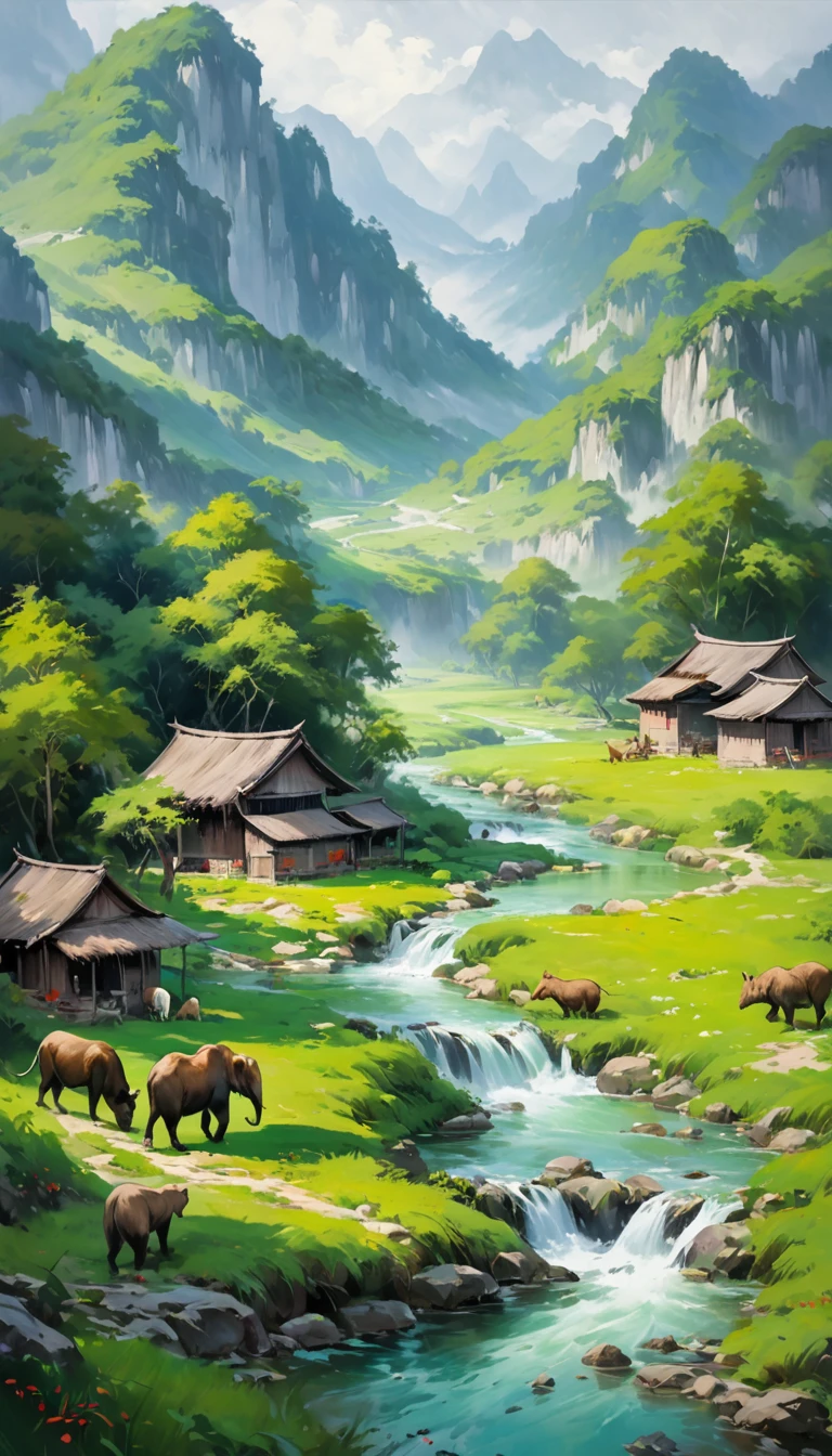 artist by Zhou Chunya,inside the village,wild animals,light tones,(smooth strokes),fine sketches,Vivid,Moody,Landscapes,Fantasy,Dark,landscape oil painting, red and green colors