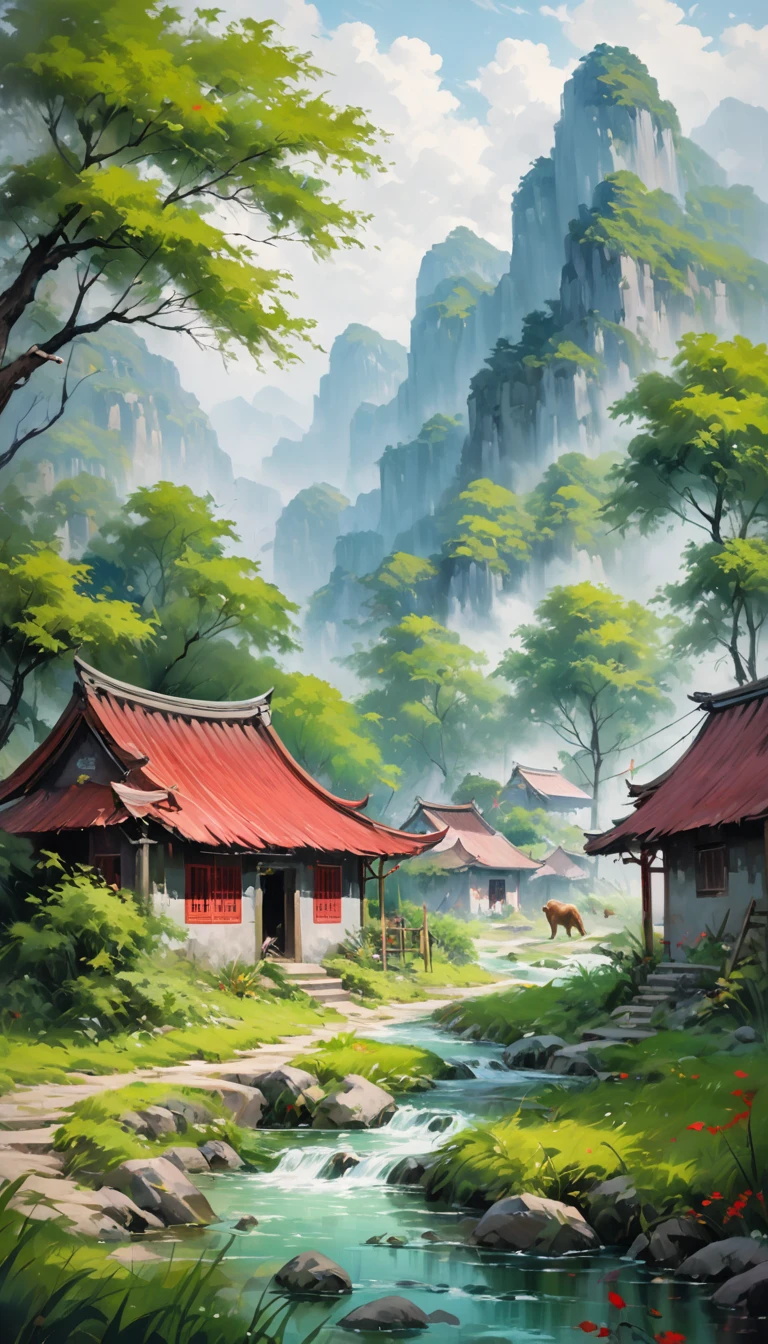 artist by Zhou Chunya,inside the village,wild animals,light tones,(smooth strokes),fine sketches,Vivid,Moody,Landscapes,Fantasy,Dark,landscape oil painting, red and green colors
