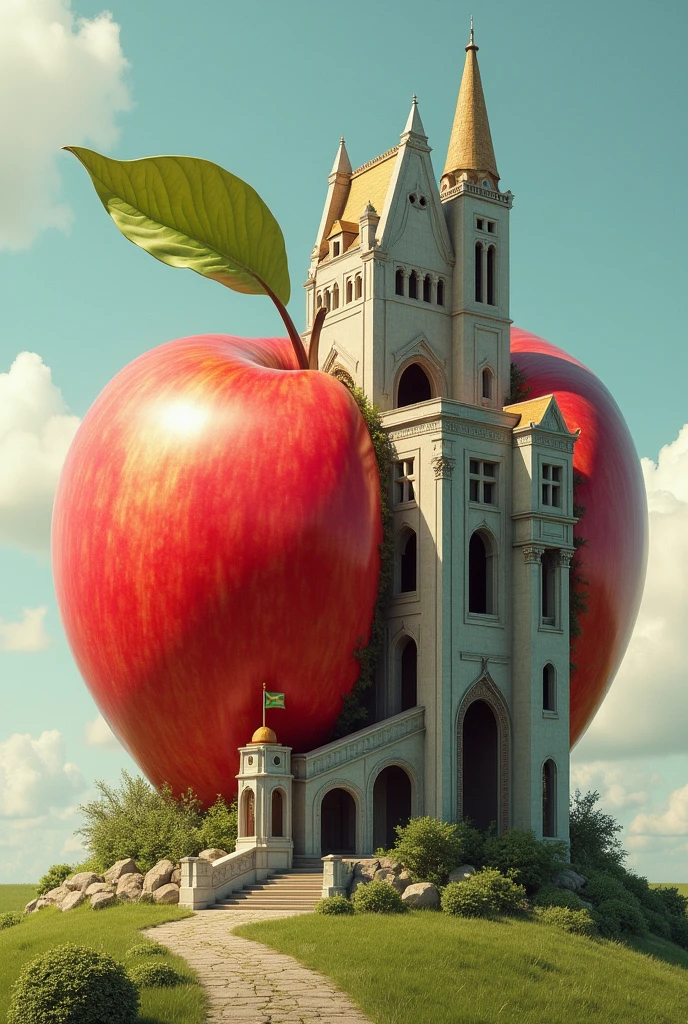 An apple turns into an architectural building
