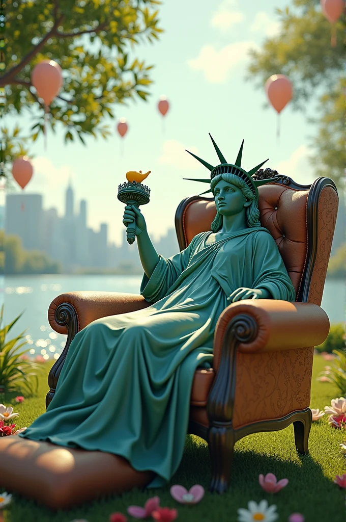 Statue of liberty sitting on loung chair 