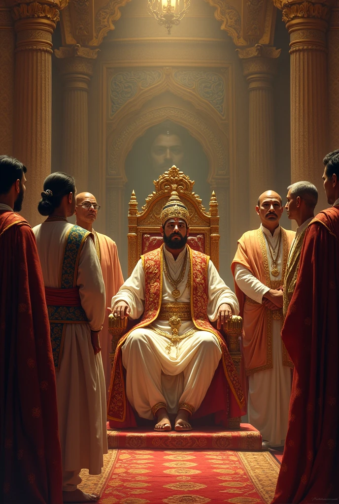 A indian king sitting on a chair in royale assembly with his 6 ministers 