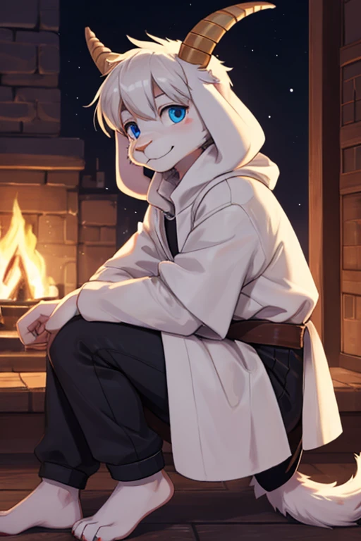 a man, alone Asriel, Undertale (Asriel Dreemurr), smiling, blue Eskimo coat, tall, furry, anthropomorphic, blue eyes (black blouse, black pants), goat's paw, paw with metacarpal (goat's tail) , short tail), hair (bangs on the right side), barefoot.