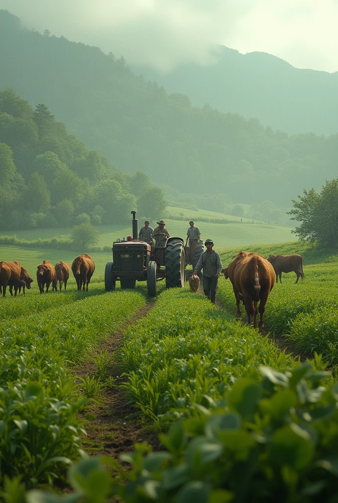 Farmers  Farming in land and rain and bulls and tactors 
