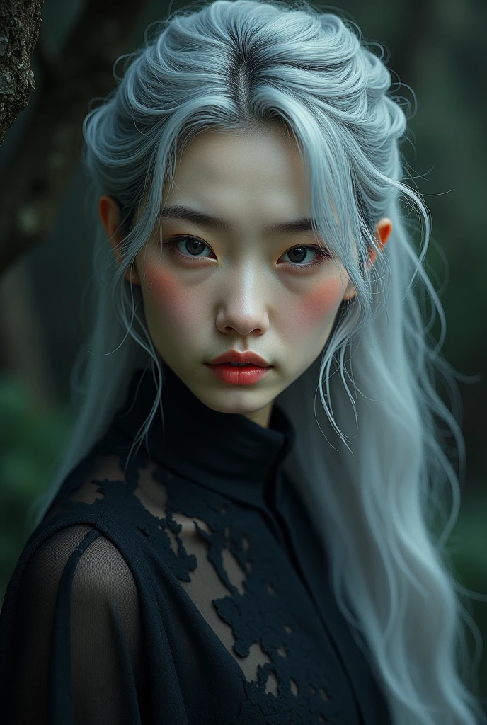 A middle-aged Korean woman who is incredibly cursed but exceptionally beautiful, with silver-gray hair.