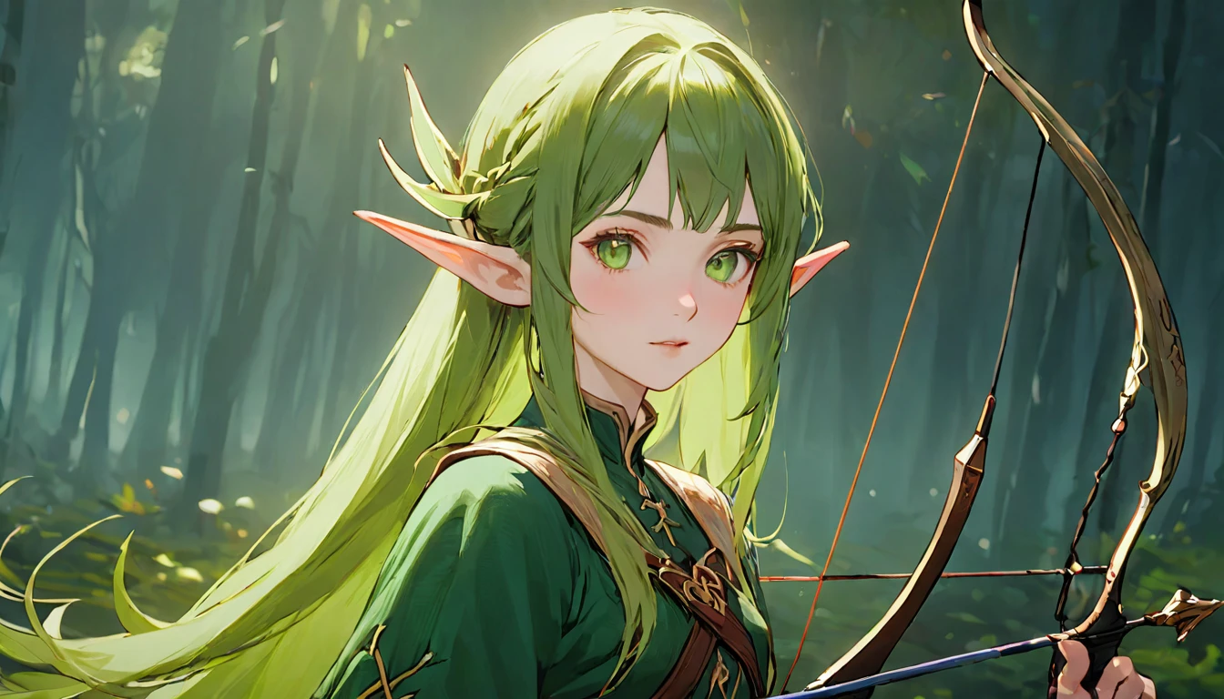 green eyes beautiful elf, full body, Game Art Style, (masterpiece), highest quality, High resolution, 4k, 8K, Detail view, intricate details, cinematic lighting, amazing quality, 1 girl, Archer、elf ears、ash green hair, great shading, soft lighting, Face-to-face camera, perfect eyes