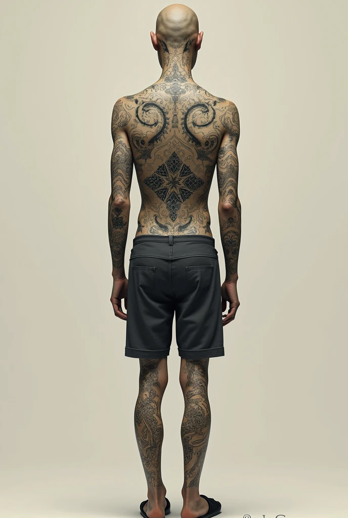 Full body tattoo、Japanese carving、slender man、front、Wearing clothes、Shorts、shirt、
