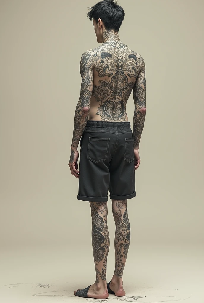 Full body tattoo、Japanese carving、slender man、front、Wearing clothes、Shorts、shirt、