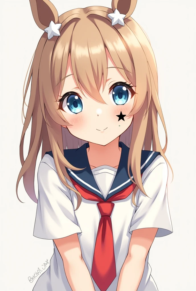 Light brown long hair Light blue eyes Wearing white short sleeves Red tie on neck 2 white star buckles on head Black star mole on cheek (play)
Young girl Anime