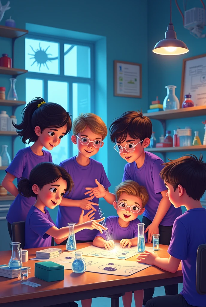 Create image of Elementary school students with purple shirts and black pants studying with practicals and write "SciTech Visionaries School and academy" on top of image