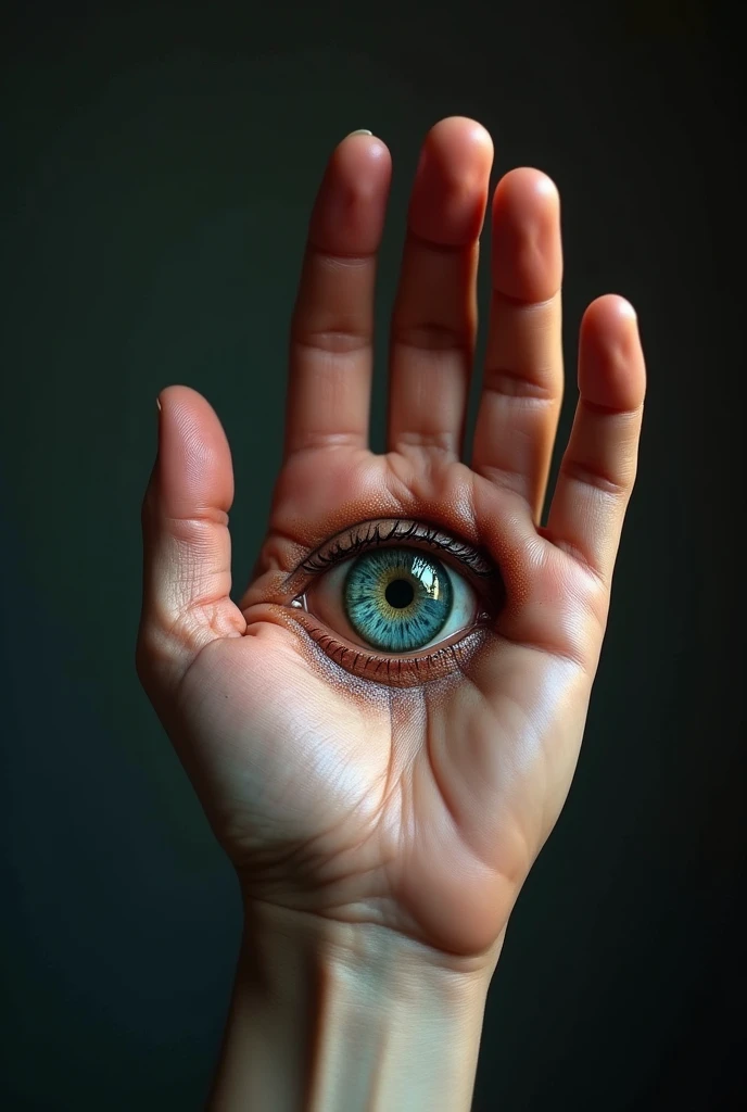 a hand with a realistic human eye in the palm, detailed textures, raw photography, psychedelic, intricate details, hyper realistic, masterpiece, ultra-detailed, 8k, high quality