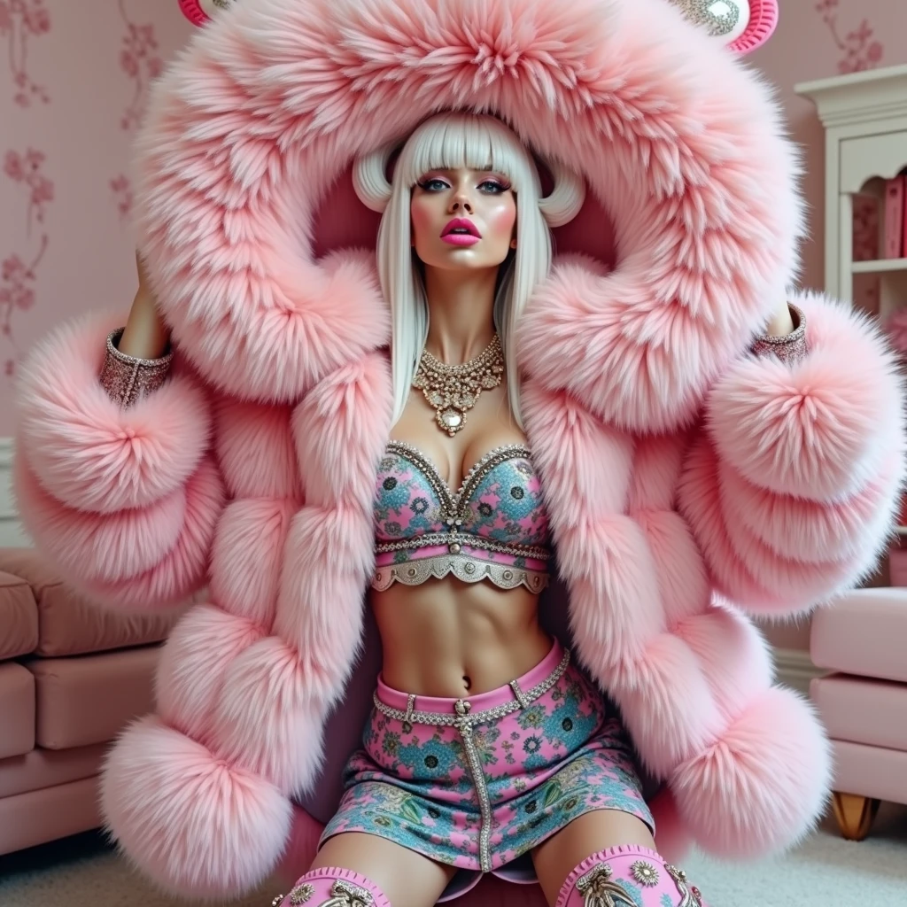 1 girl, 25s years old, long platinum blonde hair in pigtails, extremely big fluffy pink fur coat with hood, big pultry lips, pink skirt , pink fluffy fur boots, room with pink fur walls, kneeling, mouth open, drooling