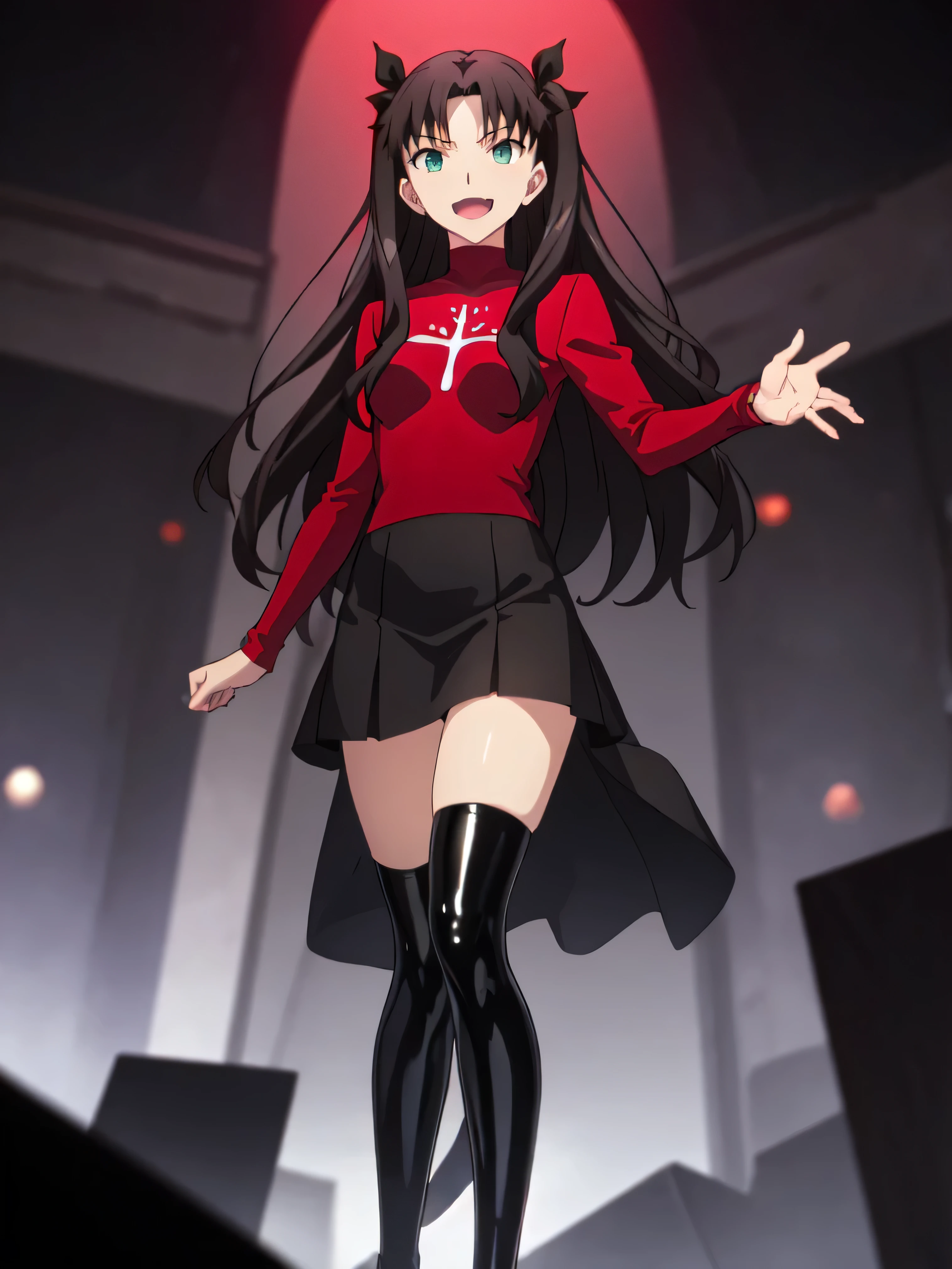 Highest quality, masterpiece, High resolution, 一人w, (Tohsaka_Also_fwestaynightufotable:1.10), one person, アニメ_coloAlsog, turtleneck, , Lookwg_w_Audience, brown_hair, Parody, green_eye, , swewer, アニメ_style, 5 ,,Bad face,, Black Skirt,both hands,Two legs,Five Fwgers,Evil background,shwy ,shwy latex Black thighhigh socks ,evil laugh, Debish Aura (Shwy fabric:1.5),Dark world background,solo,Burnwg cityscape,lookwg dwon at viewer