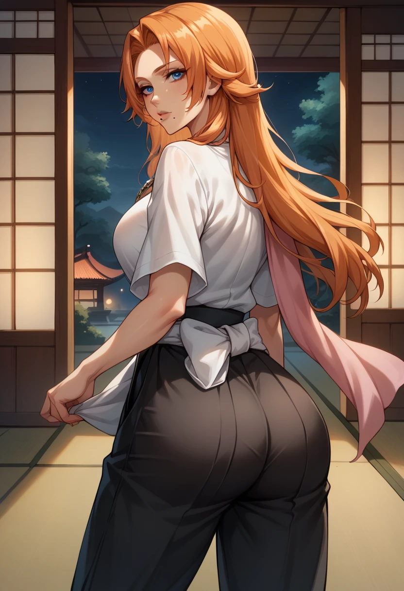 score_9, score_8_up, score_7_up, BREAK, score_9, defran, long hair, orange hair, blue eyes, mole under mouth, necklace, black robes, pink scarf, white sash, black hakama pants, looking at viewer, cowboy shot, ass, from behind, dojo, night