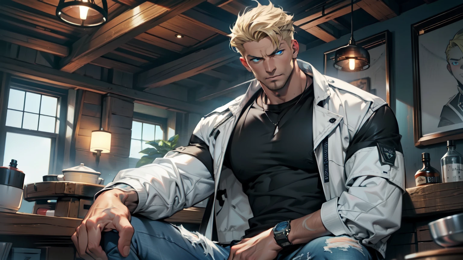 ((Man 2, tall and muscular, 1,80 m, 87 kg, with short blond hair and piercing blue eyes)), (((wearing a black t-shirt with a white jacket and jeans))), (((serious look that inspires confidence))), (((sitting inside a tavern))),