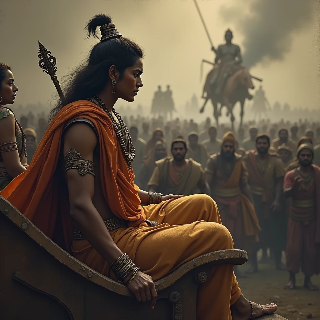 Depict Arjuna in his chariot, his bow lowered, and his face filled with sorrow and doubt. His gaze is turned towards the opposing Kaurava army, which is blurred and shadowy, symbolizing his internal conflict. In the background, faint images of sin and darkness start to encroach upon him, representing the consequences he fears from killing his kin. Krishna sits beside him with a compassionate expression, his hand gently raised as if offering wisdom and solace. The battlefield around them is vast and ominous, with the tension of the impending battle heavy in the air, highlighting the gravity of Arjuna's moral dilemma.