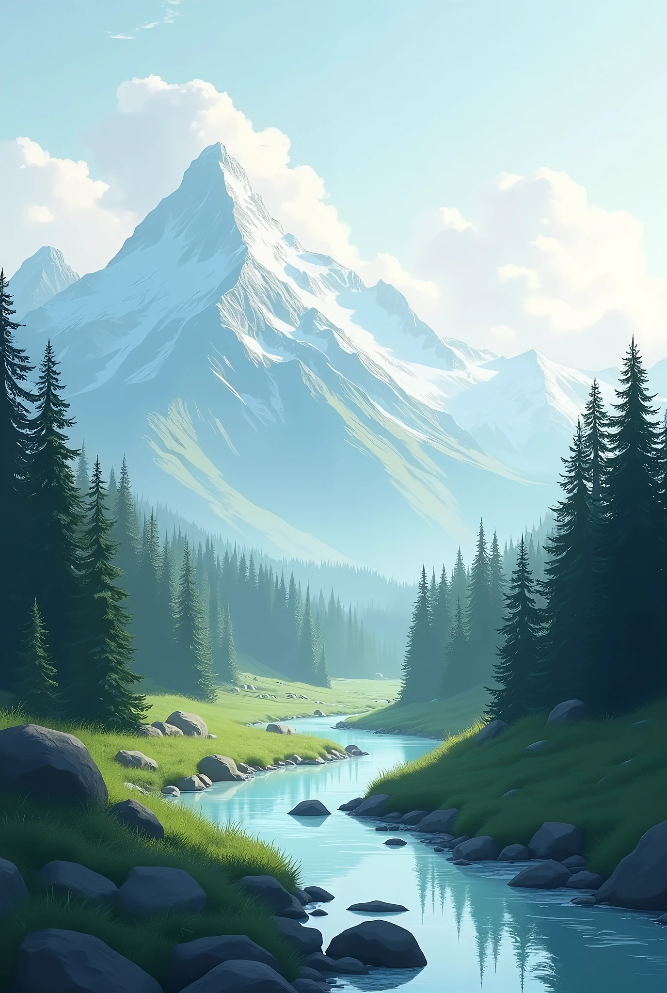 Landscape with mountains, stream, pine trees and clouds