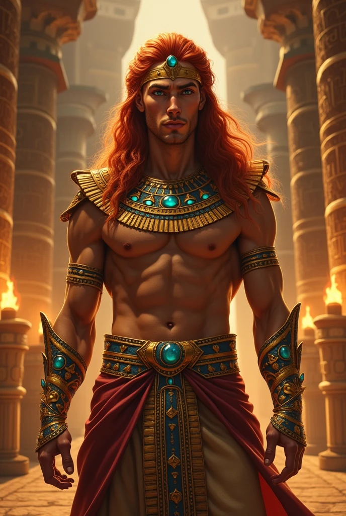 Create a male pharaoh of Egypt with red hair, blue colored eyes, fair skin and lots of gold