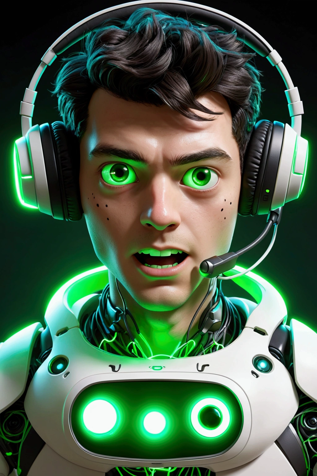 Create a medium-sized robot pet with a ghost-like appearance. Resembling a drop. On his hands he has five well-defined fingers. His facial expression has large, green eyes with a glow, conveying a friendly and cheerful expression. He has a small open mouth with a happy smile and flushed cheeks.. Its body is white with small green details and a smooth, slightly shiny texture.. He has a headset on his head with an adjustable microphone positioned close to his mouth.. And on his chest you can see the illuminated shape of a Playstation 5 controller in fluorescent green.. It floats in the air, as if he were ready for an adventure. Behind the character you can see a portal and on it is written "Soul Gamer"