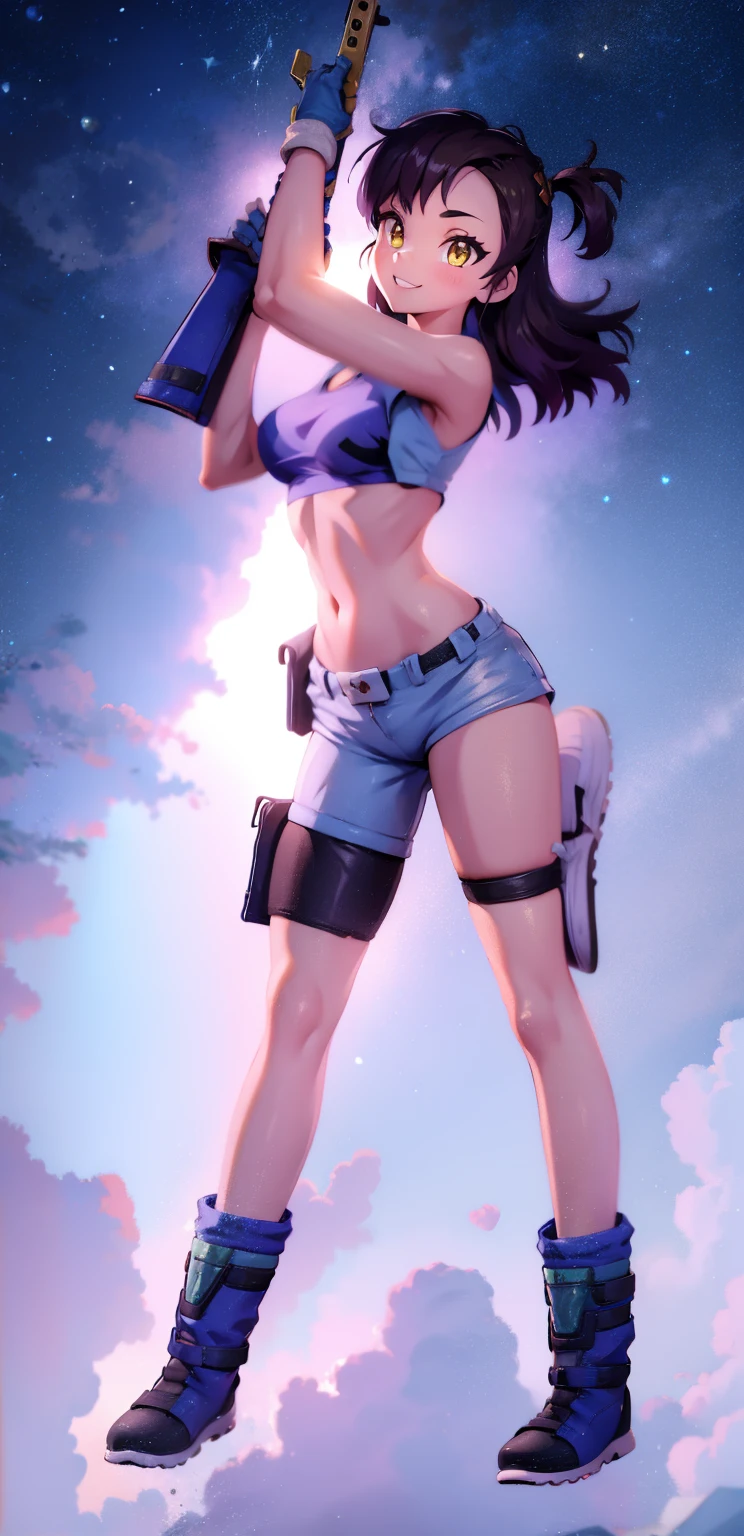 street dancer, short hair, brown hair, yellow glowing eyes, perfect lips,big smile , confident smile,cute expression, cute face, cute pose, fingerless gloves, gun, tank top, jacket, cute pose, ultra detailed face, long eyelashes, sharp eyes , Fullbody shot, dinamic viewer, night sky