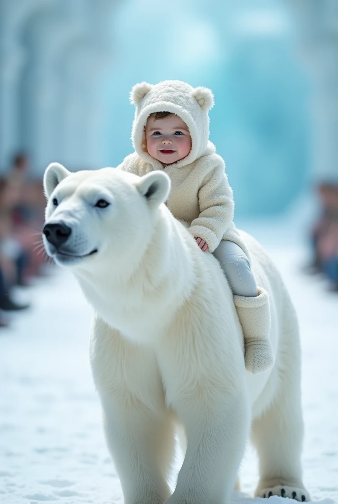 A cute girl is smiling and wearing a polar bear costume、Riding on the back of a real polar bear、Polar bear fashion show - super realistic Runway