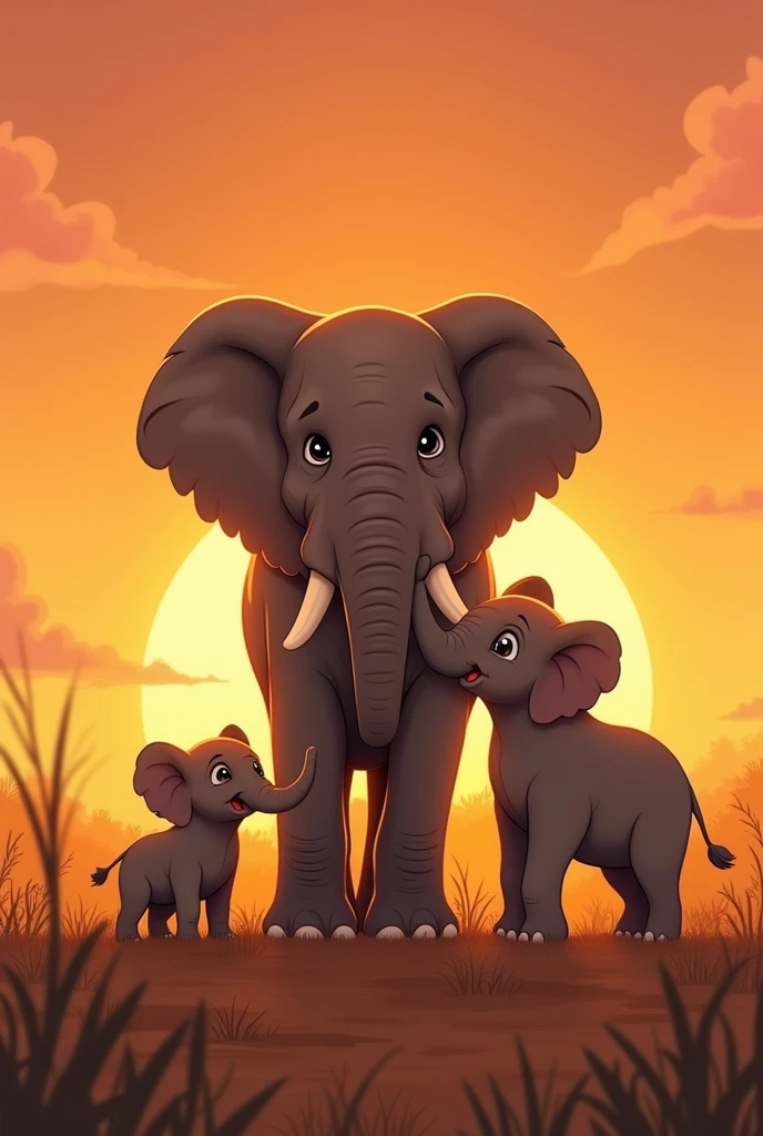 "Create a heartwarming illustration of two baby elephants Trombinha and Pipoca standing beside father elephant Osot Sog, looking up at him with love and admiration. The sun is almost set, with the last golden rays illuminating the scene. The African savanna is calm and peaceful, and the three elephants are together, sharing a moment of love and unity. The style should be warm and comforting, perfect for concluding a children's story with a strong sense of family and connection."
