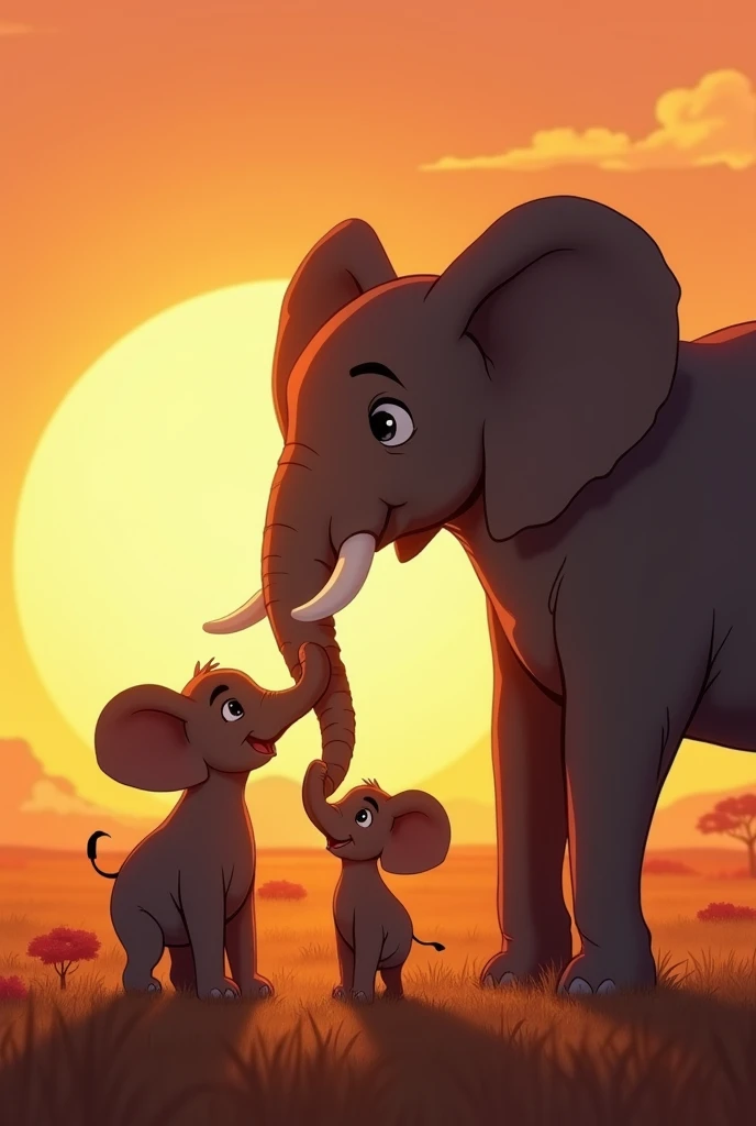 "Create a heartwarming illustration of two baby elephants Trombinha and Pipoca standing beside father elephant Osot Sog, looking up at him with love and admiration. The sun is almost set, with the last golden rays illuminating the scene. The African savanna is calm and peaceful, and the three elephants are together, sharing a moment of love and unity. The style should be warm and comforting, perfect for concluding a children's story with a strong sense of family and connection."
