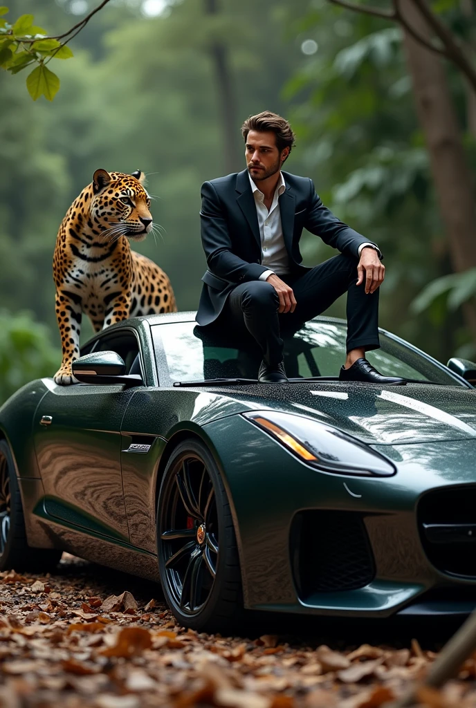 A man sit on the jaguar car and near the jaguar animal