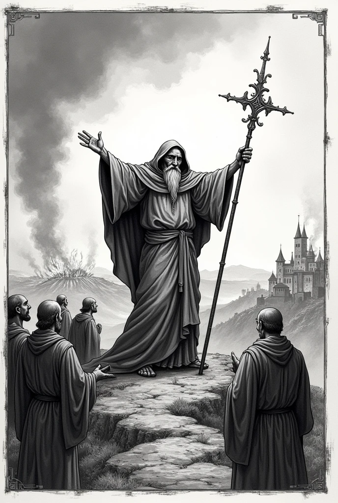 A square frame, In the foreground we see an old priest in a toga, hood over head and raising arms to the sky, holding a stick whose upper end splits into two, accompanied by his disciples around a fire at the top of a hill. Back, au loin, a medieval town on fire. In a very old medieval engraving style and white