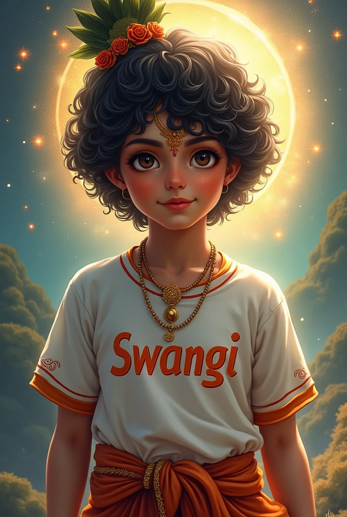 Krishna with swangi name printed on his t shirt