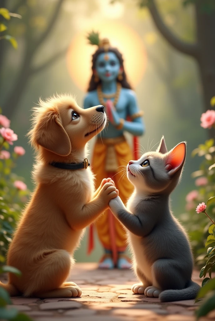 Create a cute and heartwarming scene where a dog and a cat are standing with folded hands (in a prayer-like pose) in front of Lord Krishna. The animals should look adorable and peaceful