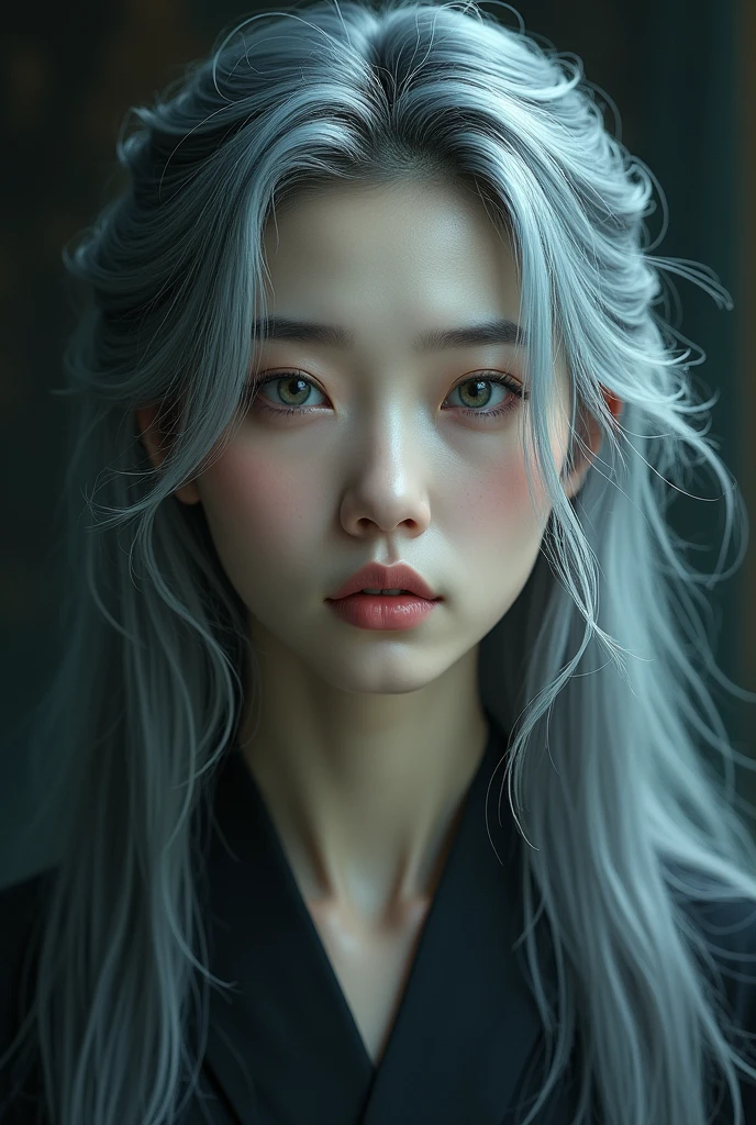 A middle-aged Korean woman who is incredibly cursed but exceptionally beautiful, with silver-gray hair.
