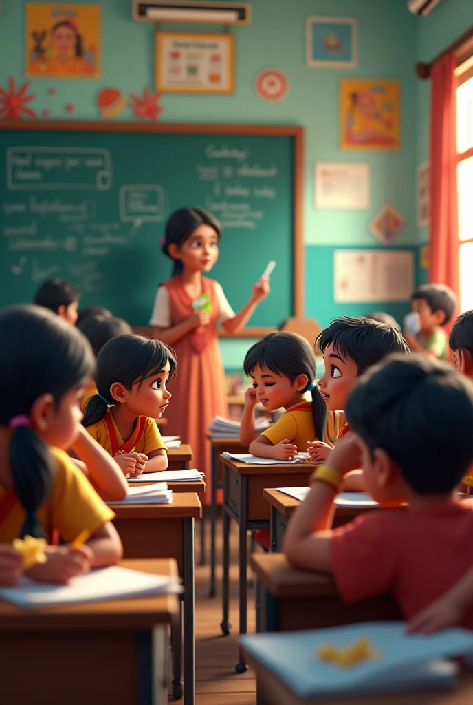 Generate an image of an Indian classroom that students are sitting in the classroom and teaching is in the class and writing on the board and the last benches are eating chips