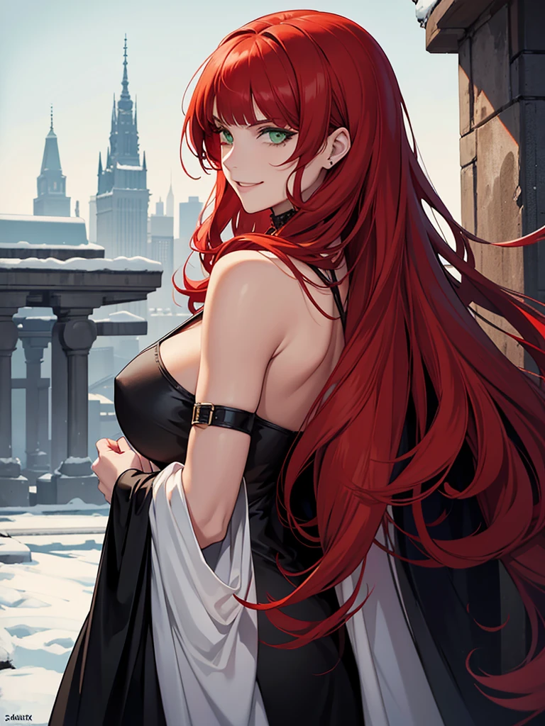 green eyes, red hair with long bangs, noble, mafia. sadistic women, wavy long hair. strong woman. background in winter. spy. sadistic smile