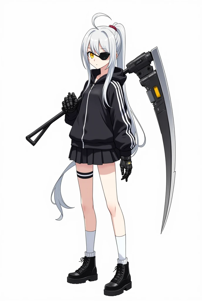 Medium-height anime girl, long white ponytail tail hair, yellow eye, holding a overlong futuristic scythe on her shoulder, wearing a black school uniform,short skirt, loose black with white stripe jacket, long white socks, black eye patch, tactical gloves, tactical boots. Manga art style with white background