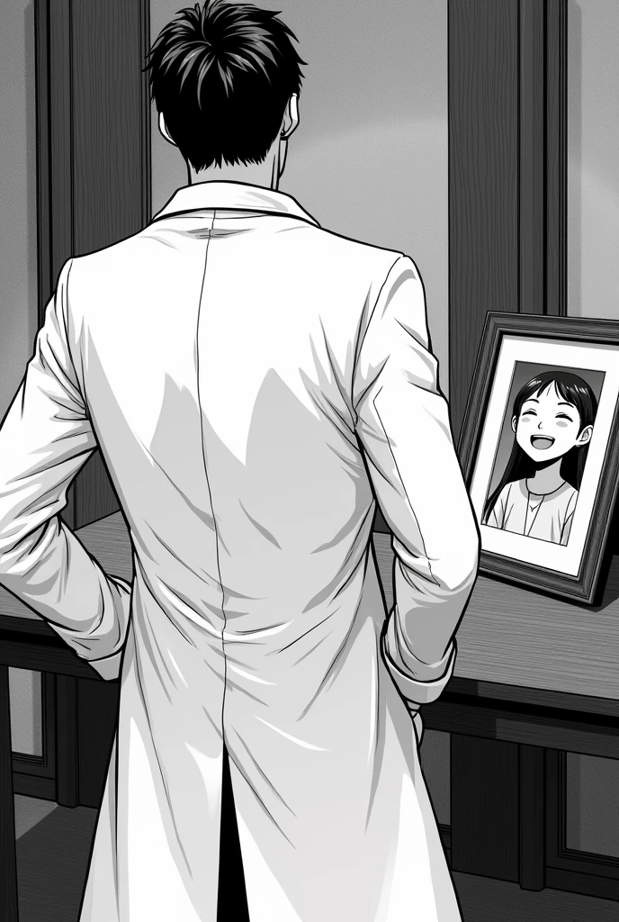 A man with his back turned in a scientist outfit leaving a room through a door and a zoom out with a small picture frame on top of a table with a photo of a very happy girl, she smiles showing her teeth and with her eyes closed. Black and White Manga Style