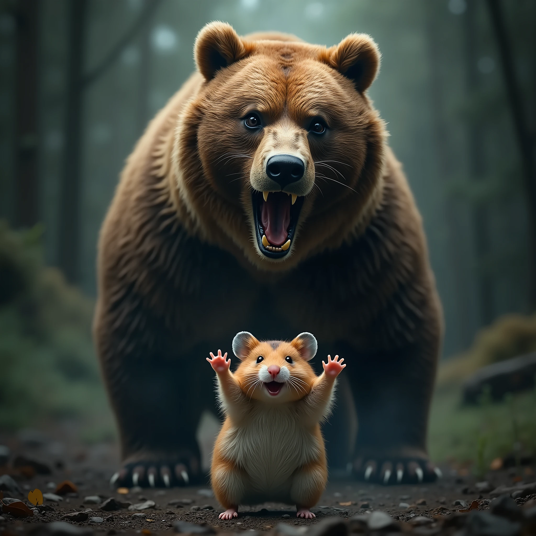 A terrifying grizzly bear, (a cute hamster:Hamster looks happy with both hands up), hyper-realistic, cinematic lighting, detailed textures, photorealistic, 8k, best quality, masterpiece, incredibly detailed, ultra-detailed, highly detailed, sharp focus, intricate details, studio lighting, physically-based rendering, vivid colors, striking contrast, dramatic shadows, dramatic lighting, cinematic composition, atmospheric, moody, ominous, unsettling, horor, fantasy,Anatomically correct animals,Perfect Anatomy