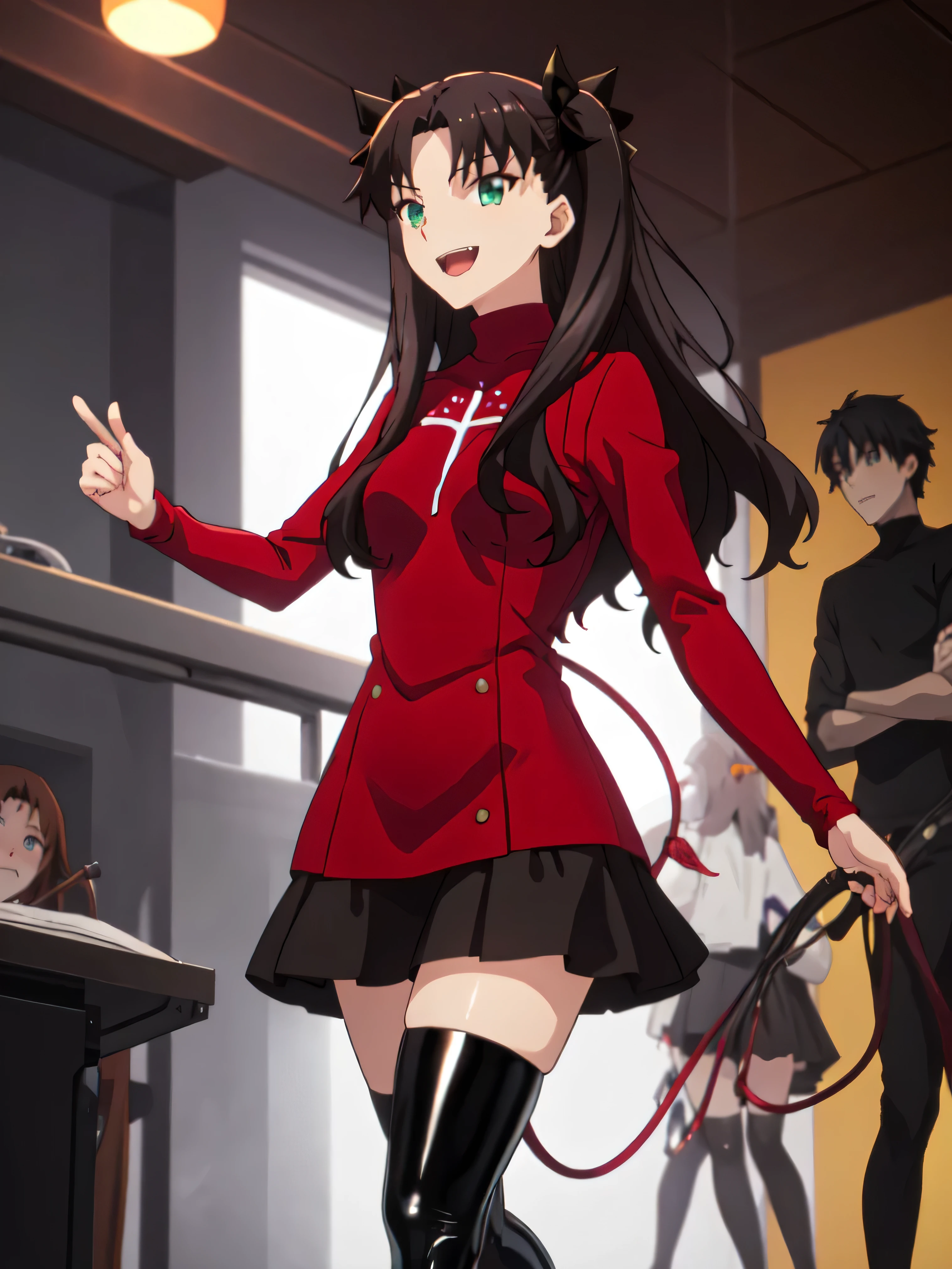 Highest quality, masterpiece, High resolution, 一人w, (Tohsaka_Also_fwestaynightufotable:1.10), one person, アニメ_coloAlsog, turtleneck, , Lookwg_w_Audience, brown_hair, Parody, green_eye, , swewer, アニメ_style, 5 ,,Bad face,, Black Skirt,both hands,Two legs,Five Fwgers,Evil background,shwy ,shwy latex Black thighhigh socks ,evil laugh, Debish Aura (Shwy fabric:1.5),Dark world background,solo,Burnwg cityscape,lookwg dwon at viewer