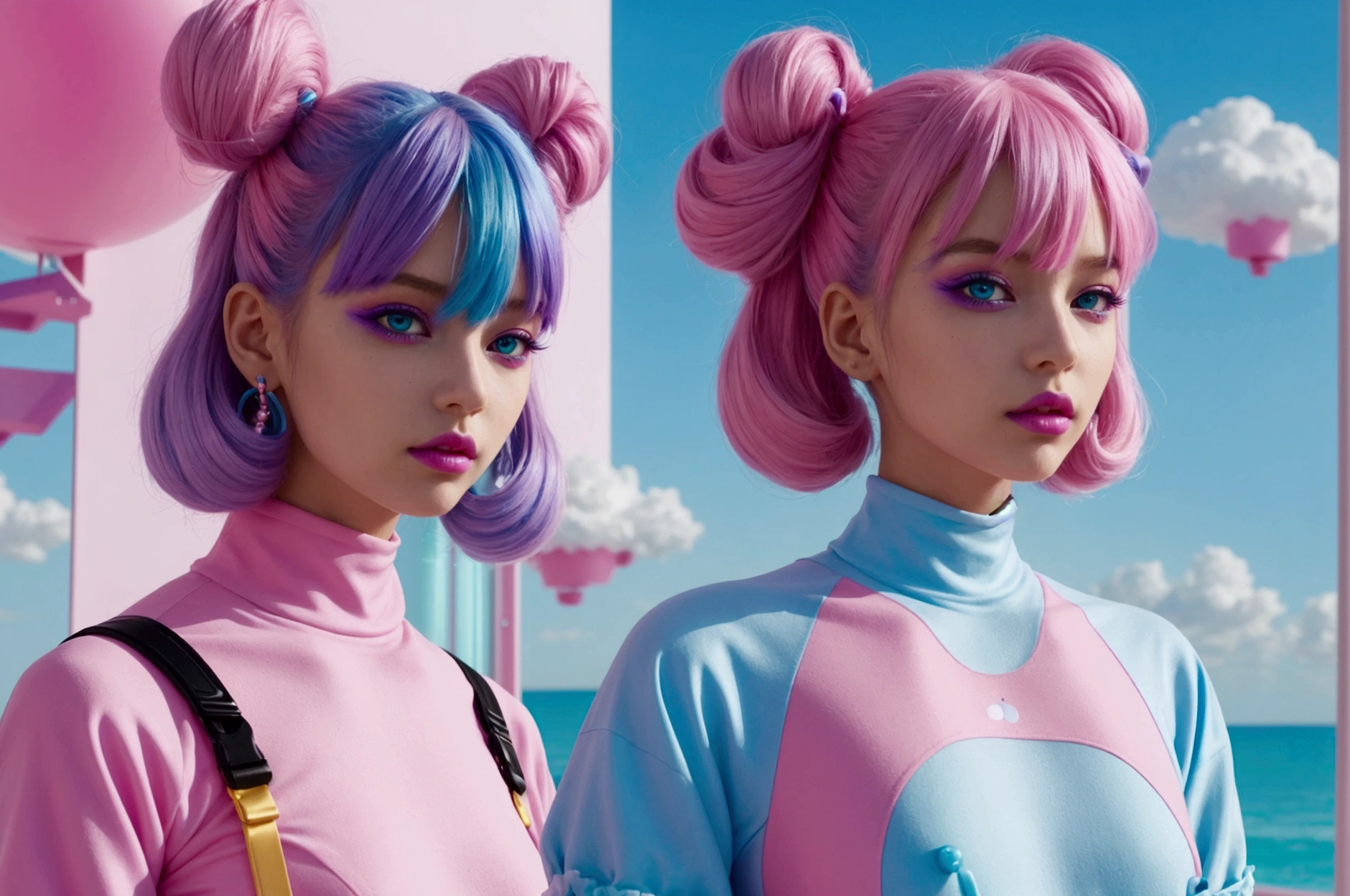 Create an image of a futuristic model with vibrant blue and purple hair styled in soft waves. The model should have a striking appearance with bold, colorful makeup featuring vivid pink eyeshadow and bright pink lipstick. She should be wearing a stylish, pastel-colored outfit with gold accents, standing against a dreamy background filled with fluffy, pink, cotton candy-like spheres and soft lighting that enhances the whimsical and surreal atmosphere. The overall aesthetic should be inspired by a blend of kawaii and futuristic styles, with a playful yet sophisticated vibe.