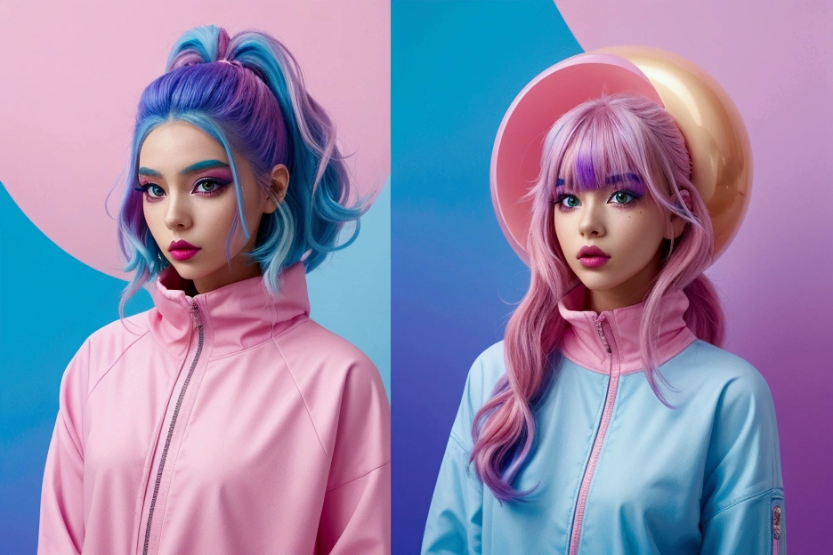 Create an image of a futuristic model with vibrant blue and purple hair styled in soft waves. The model should have a striking appearance with bold, colorful makeup featuring vivid pink eyeshadow and bright pink lipstick. She should be wearing a stylish, pastel-colored outfit with gold accents, standing against a dreamy background filled with fluffy, pink, cotton candy-like spheres and soft lighting that enhances the whimsical and surreal atmosphere. The overall aesthetic should be inspired by a blend of kawaii and futuristic styles, with a playful yet sophisticated vibe.