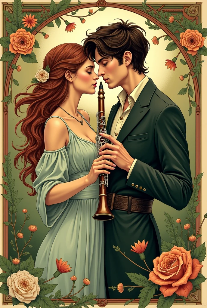 Une affiche art nouveau d’un couple qui s’aime, la femme châtain qui joue de la clarinette, et un homme brun qui joue de la trompette.