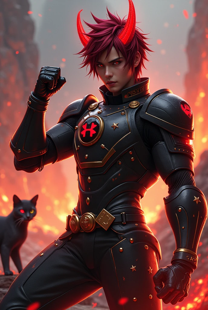 Male age 20, red emo visual kei hair, Asian, athletic, red eyes, moto black helmet with red punk horns, black stone with lava glowing on the chest, Plate armor, armor breastplate with two four-pointed red stars, a gold belt buckle with a letter R, red leotard, plate belt, plate wristband, armor boots with red flames, cyberpunk japanese style, athletic, magic powers, action, black cat nails, punch pose, volcano backgroud, full body