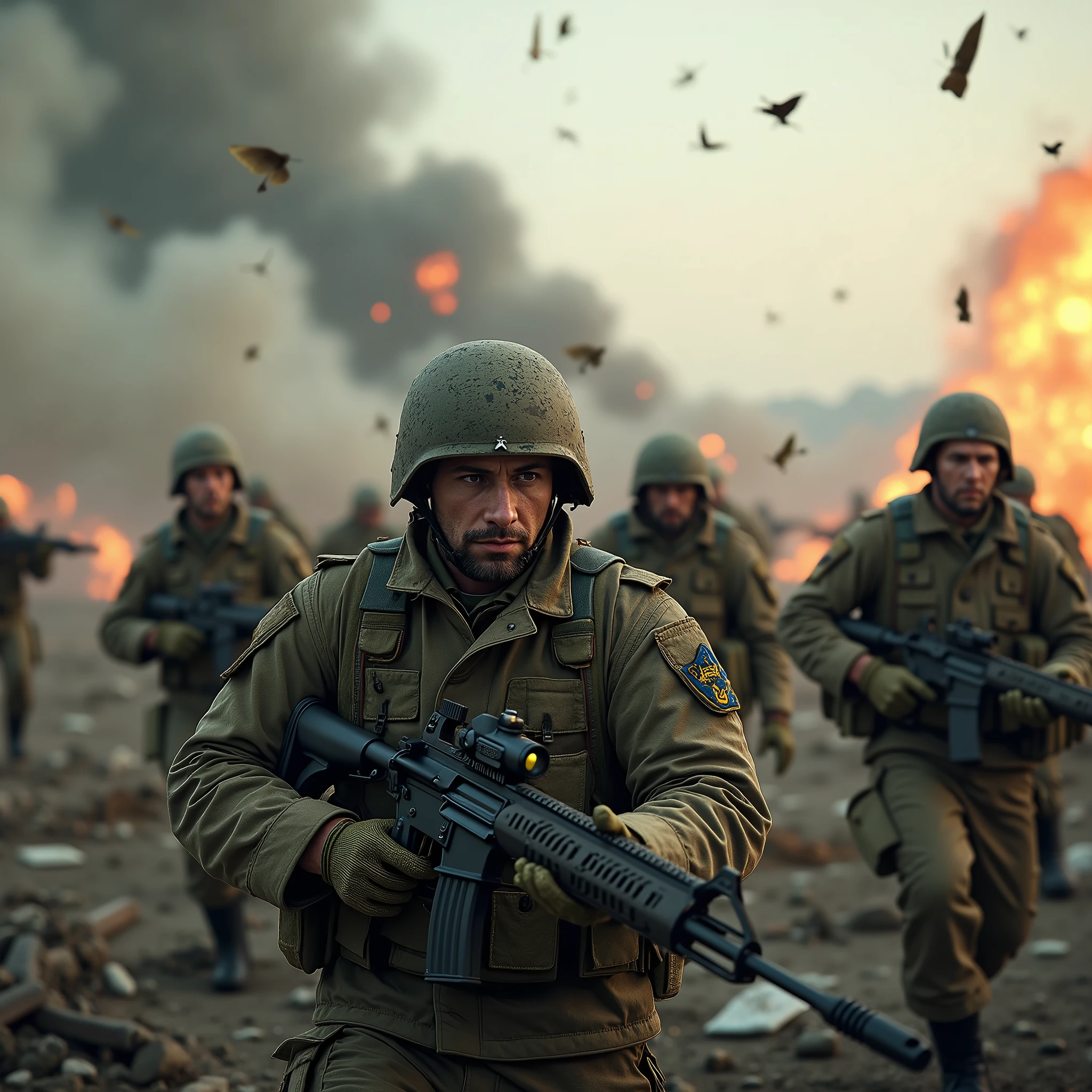 a group of russian soldiers being attacked , highly detailed, cinematic lighting, epic battle scene, dramatic, rich colors, photorealistic, 8k, best quality, masterpiece, photorealistic, ultra-detailed, sharp focus, physically-based rendering, extreme detail description, professional, vivid colors, bokeh